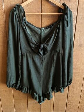Women’s Dark Green Long-Sleeve Romper with Tie Front